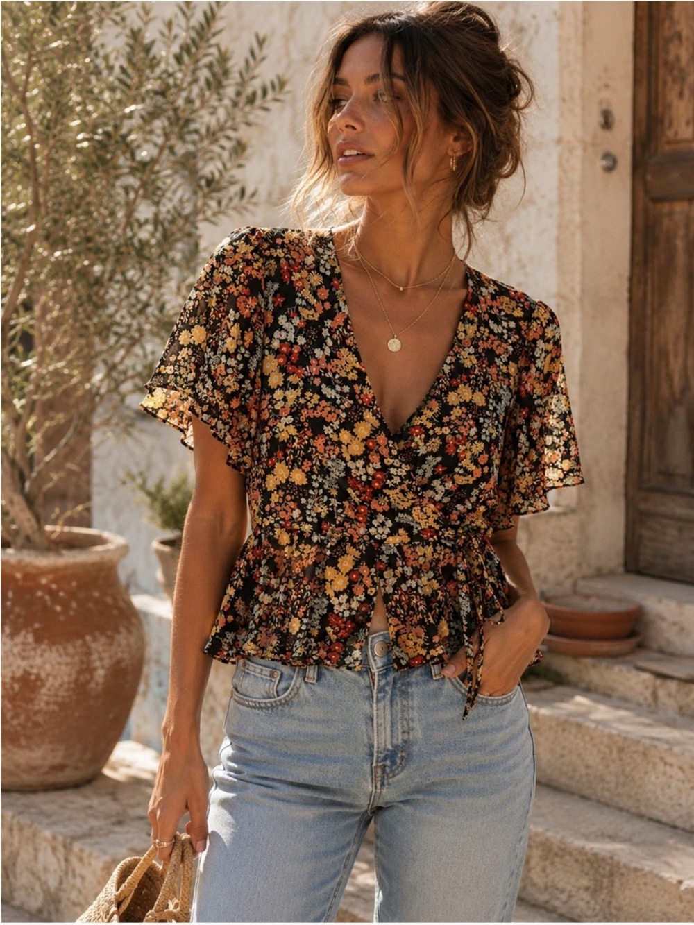 Madewell Floral Wrap Peplum Blouse  Black Boho Tie Waist Flutter Sleeve Top